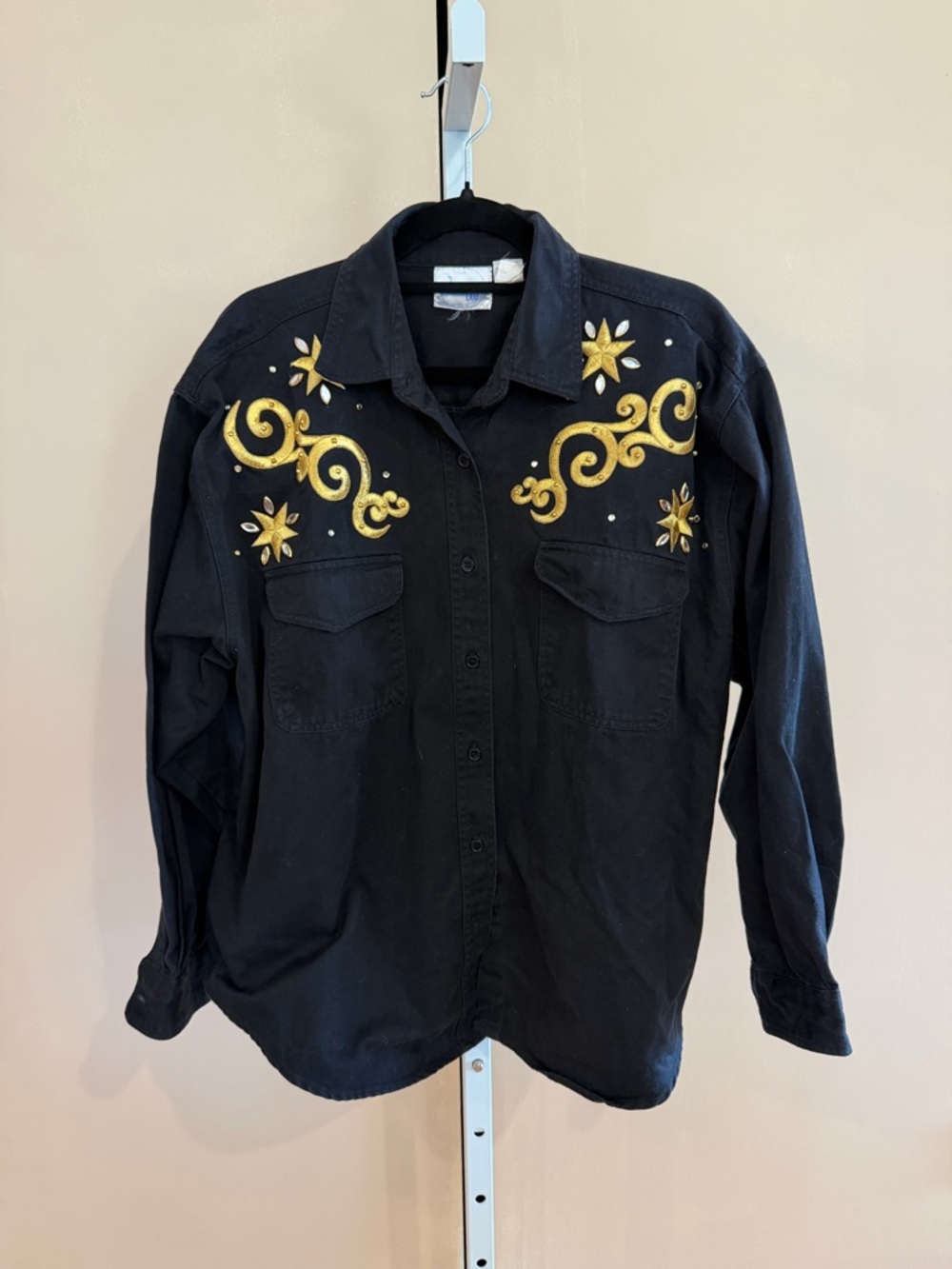 Vintage Zone Blue Embellished Black Western Blouse with Gold Embroidery